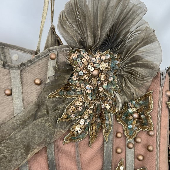 Vintage Mike Benet Gown Corset Skirt Ruffle Pleated Embroidered Beaded Formal - Picture 4 of 9